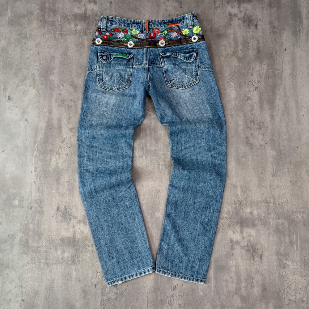Y2K 2000's 00's Embroidered Medium Wash Low Rise Straight Baggy Denim Jeans